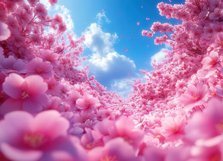 Cherry blossoms in full bloom on blue sky background with cloudsの素材