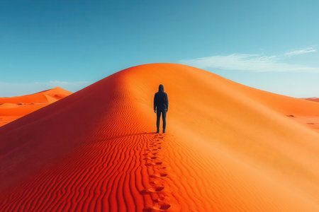Man standing on sand dune in Namib desert, Namibiaの素材