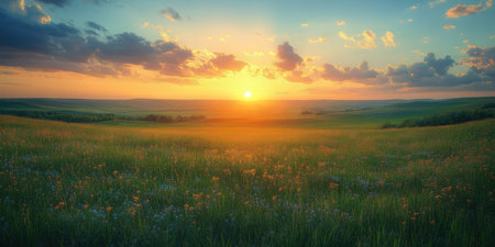 Sunset or sunrise over a green meadow with wildflowersの素材