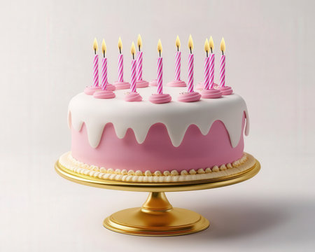 Birthday cake with burning candles on a golden stand on a white backgroundの素材