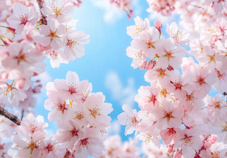 cherry blossom in springtime with blue sky, nature backgroundの素材