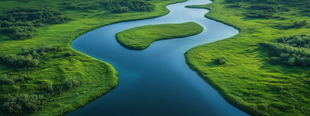 Aerial view of a small river in the middle of a green field.の素材