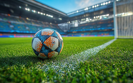 Soccer ball on the green grass in front of the football stadiumの素材