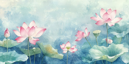 Watercolor painting of lotus flower and Lotus flower plants on watercolor background.の素材