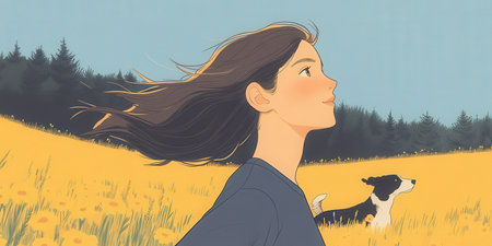 Girl with dog in the meadow. Illustration in retro style.の素材