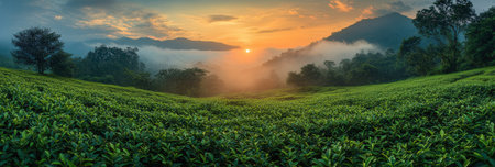 Tea Plantation at Sunrise in Munnar, Kerala, South Indiaの素材