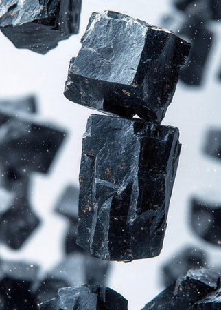 Closeup of black mineral stone on white background with falling snow.の素材