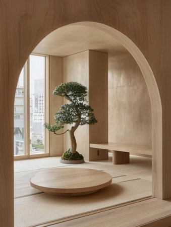 Bonsai tree in the interior of a room with wooden floorの素材