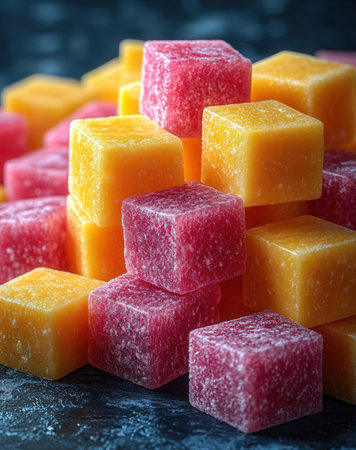 Fruit jelly candies on a dark background. Selective focus.の素材