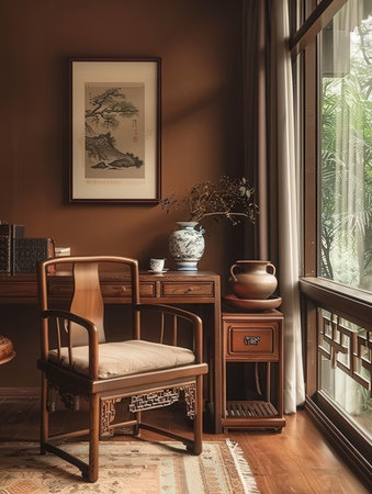 Interior of a living room with a wooden chair and a vaseの素材