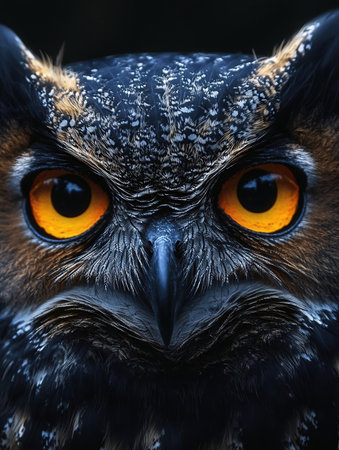 Portrait of an owl with orange eyes. Close-up.の素材