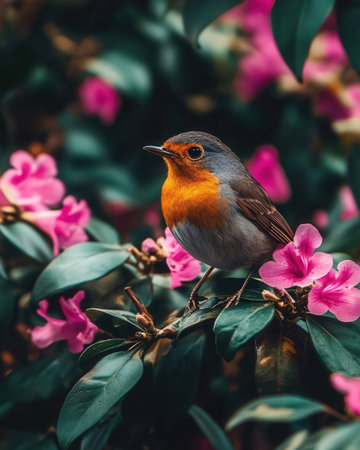 Robin bird sitting on a bush with pink flowers in the background.の素材