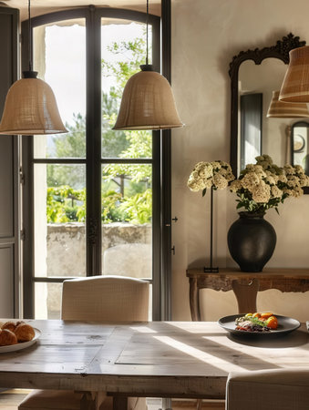 Luxury dining room interior with a wooden table and chairs.の素材