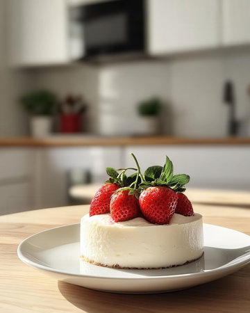 Delicious cheesecake with fresh strawberries on table in kitchen, closeupの素材