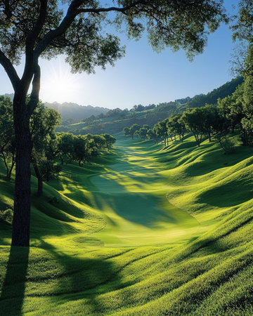 Beautiful landscape of golf course with green grass and blue sky.の素材