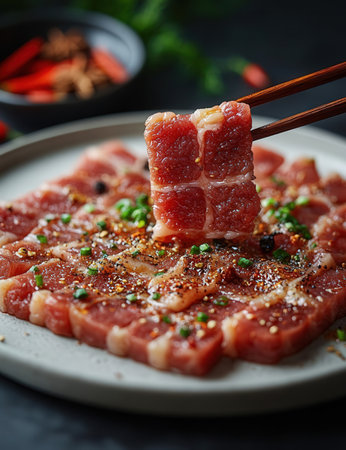 Beef carpaccio with sesame seeds on a plate.の素材