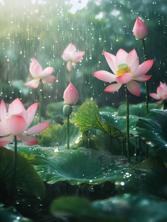 The beauty of the lotus flower in the pond with rain.の素材