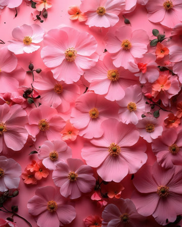 Beautiful pink flowers on pink background, top view. Flat layの素材
