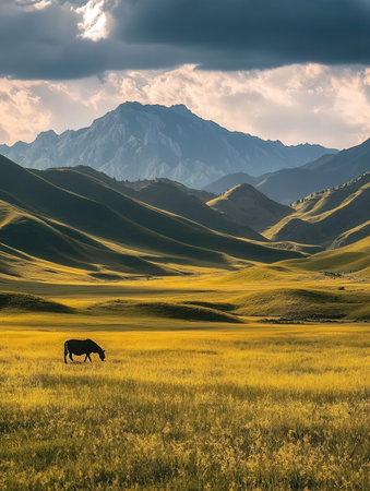 Horse grazing in the grassland at sunset. Kyrgyzstanの素材