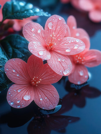 beautiful pink flowers with water drops on black background, closeupの素材