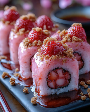 Sushi rolls with red caviar and fresh strawberries on a plateの素材