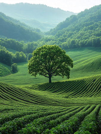 Green tea plantation in the morning with tree in the foreground, South Koreaの素材