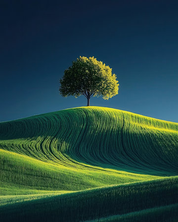 Lonely tree on a green hill in Tuscany, Italyの素材