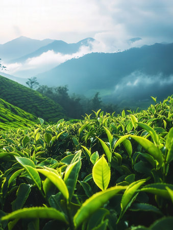 Tea Plantation at Sunrise in Munnar, Kerala, India.の素材
