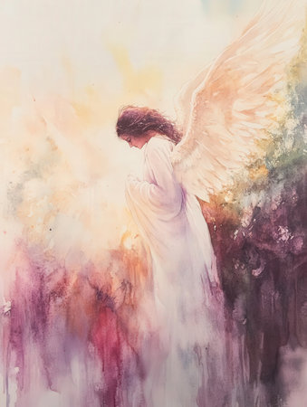 Beautiful angel with wings, watercolor painting on canvas. Christian conceptの素材