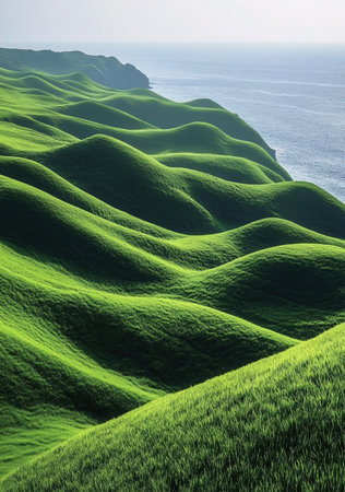 Green grassy hills on the coast of the sea. 3d renderの素材