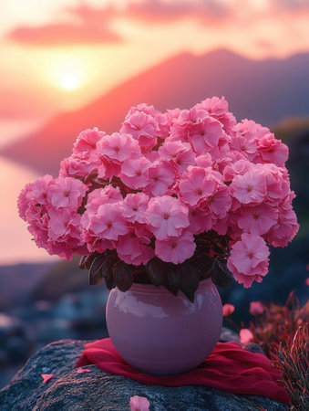 Pink hydrangea flowers in vase on the background of sunsetの素材