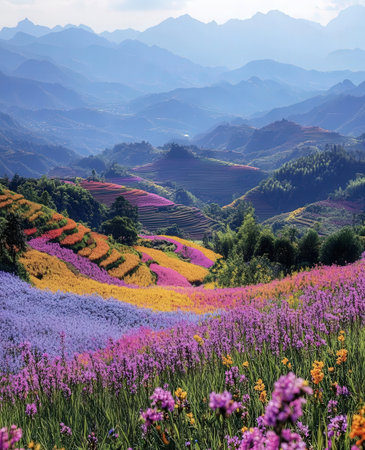 Colorful flower field on the hillside in Yunnan, Chinaの素材