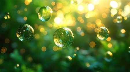 Soap bubbles on green grass background with bokeh light effectの素材
