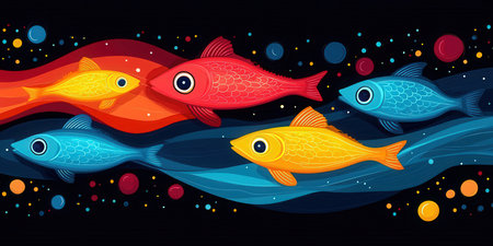 Cute cartoon fishes swimming in the sea. Vector illustration of colorful fishes.の素材