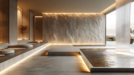 3D rendering of modern luxury spa with white marble walls and floorの素材