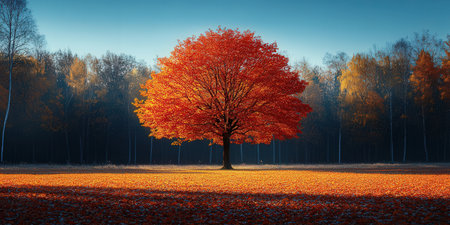 Autumn landscape with a big tree in the forest. 3d renderの素材