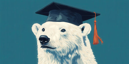Illustration of polar bear in graduation cap and tassel.の素材