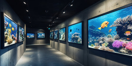 3D rendering of an aquarium with a lot of fish and coralsの素材