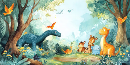 cartoon scene with dinosaurs in the forest - illustration for the childrenの素材