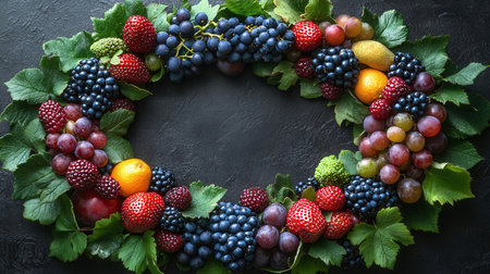 Frame made of different fresh berries on black background, top view. Space for textの素材