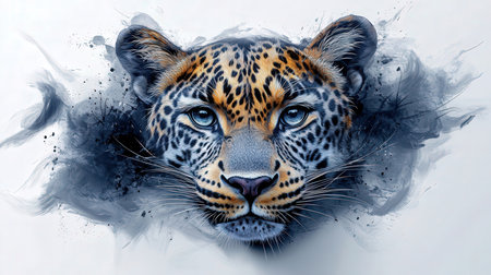 Digital painting of leopard with paint splashes on a white backgroundの素材