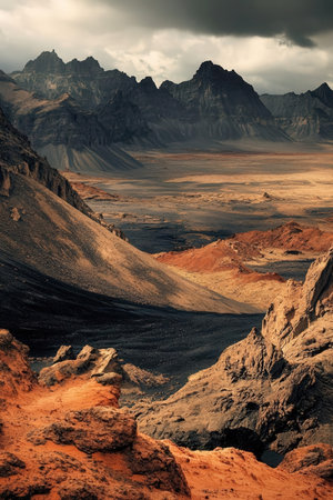 Dramatic view of the desert and mountains in Iceland. Toned.の素材