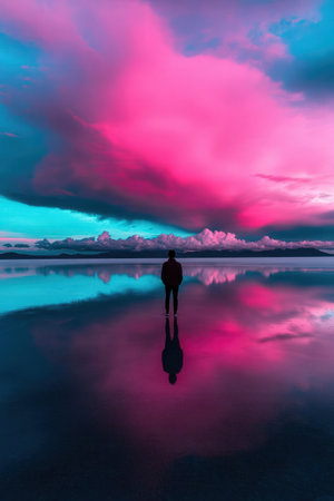 Silhouette of a man standing in the water at sunset.の素材