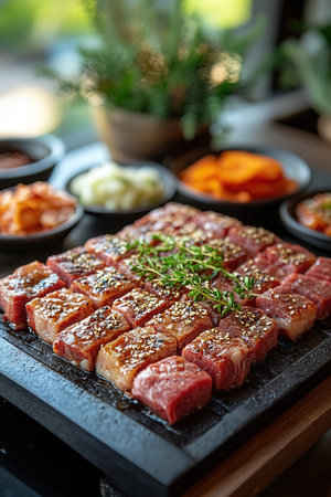 sliced raw beef with sesame and vegetables on a black plateの素材