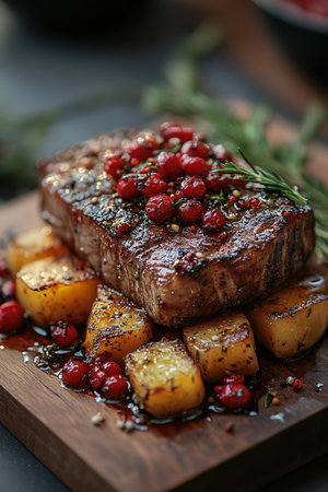 Steak with cranberries and rosemary on wooden board, closeupの素材