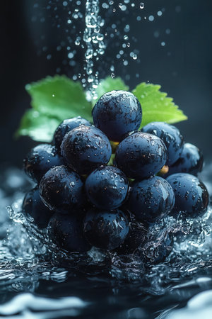 Bunch of fresh black grapes with water drops on a dark backgroundの素材