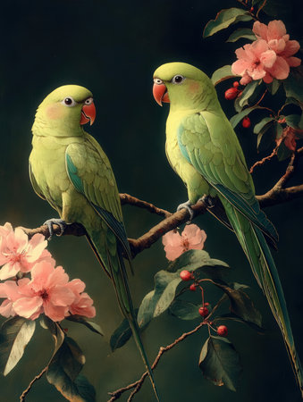 two parrots sitting on a branch with pink flowers and green leavesの素材