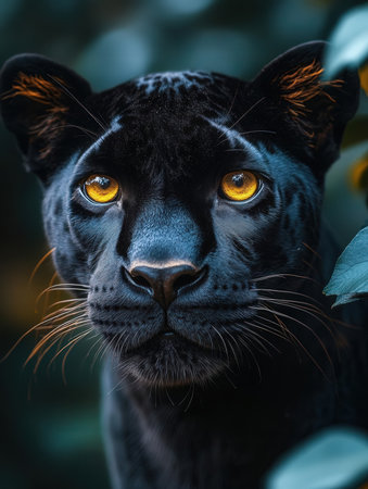 Portrait of a black panther with yellow eyes and green leavesの素材