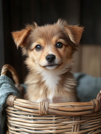 Cute little dog in a wicker basket on a wooden backgroundの素材
