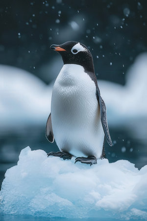 Gentoo penguin standing on a piece of ice in Antarcticaの素材
